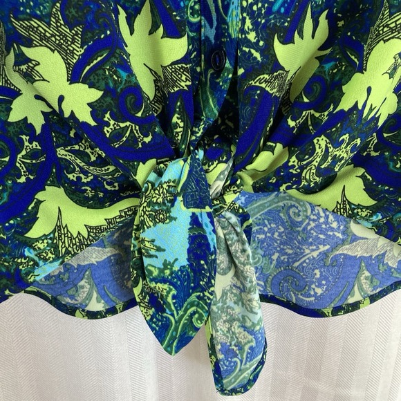 Nygard Button Front Roll Tap Sleeve Tie Front Blue Green &‎ Paisley Petite Small - Picture 7 of 10